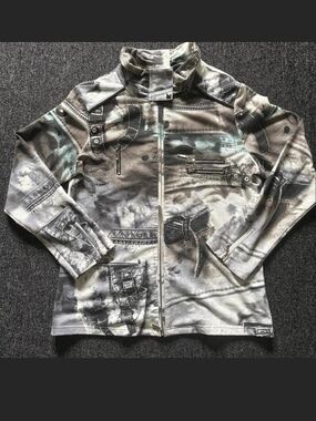 Gray and Black Patterned Zip-Front Jacket. L